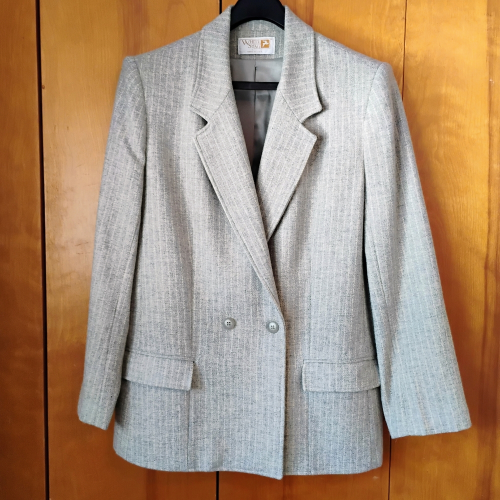 Vintage White Stag Light Gray Beige Striped Women's Blazer Size 14 100% Wool